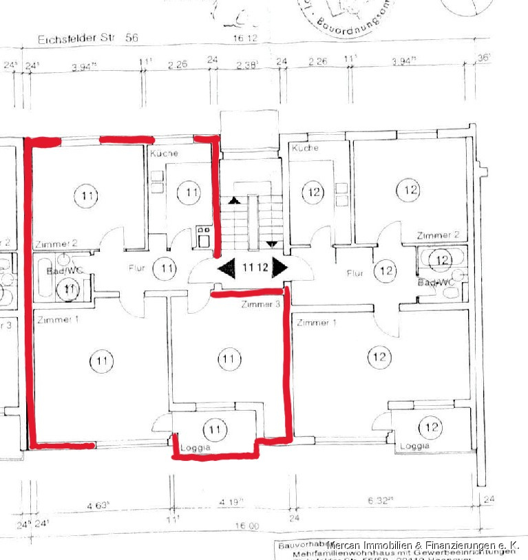 Grundriss makiert Etagenwohnung Hannover